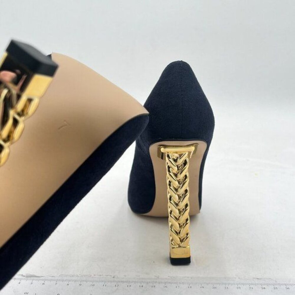 FSJ Navy Suede Gold Metal Chain Chunky High Heel Pointed Toe Slip On Prom Shoes - Picture 6 of 8